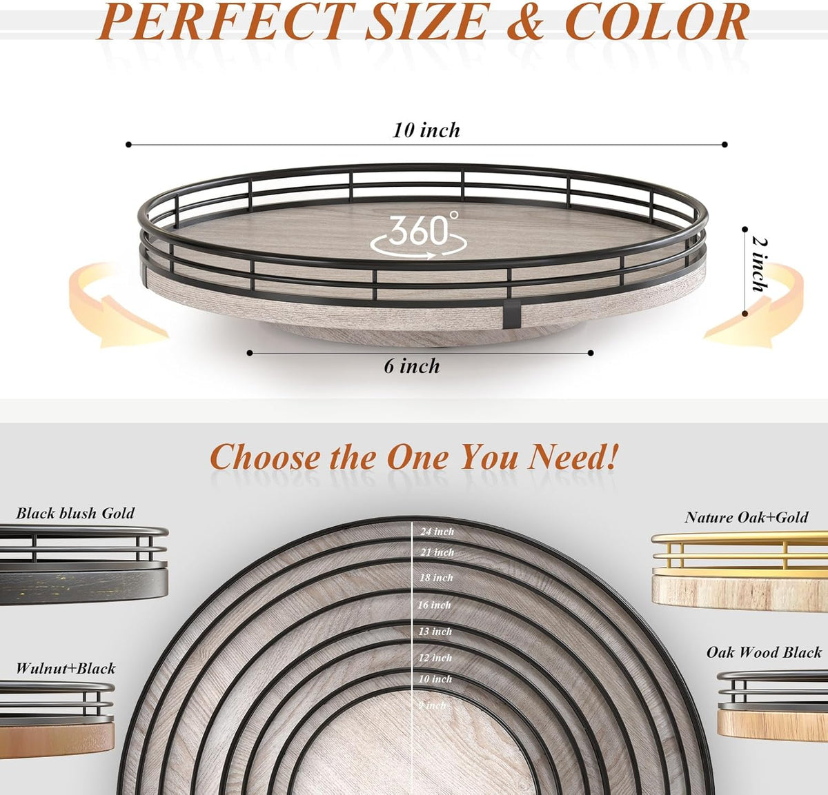 10" Oak Bathroom Vanity Tray Turntable for Perfume Candle, Round Wooden Decorative Tray for Kitchen