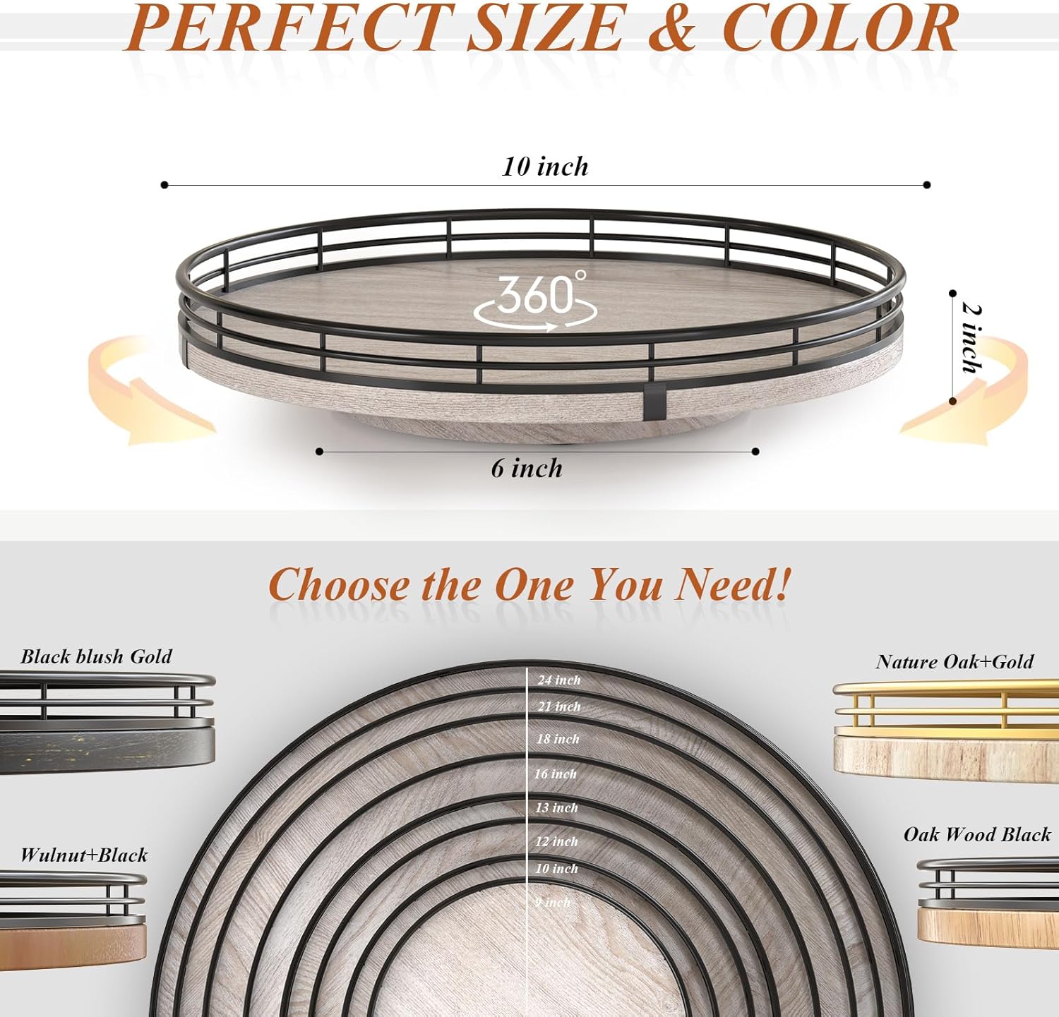 10" Oak Bathroom Vanity Tray Turntable for Perfume Candle, Round Wooden Decorative Tray for Kitchen