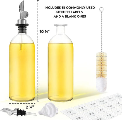 Olive Oil Dispenser Bottle - Includes 55 Kitchen Essential Labels - Cooking Oil Bottles for