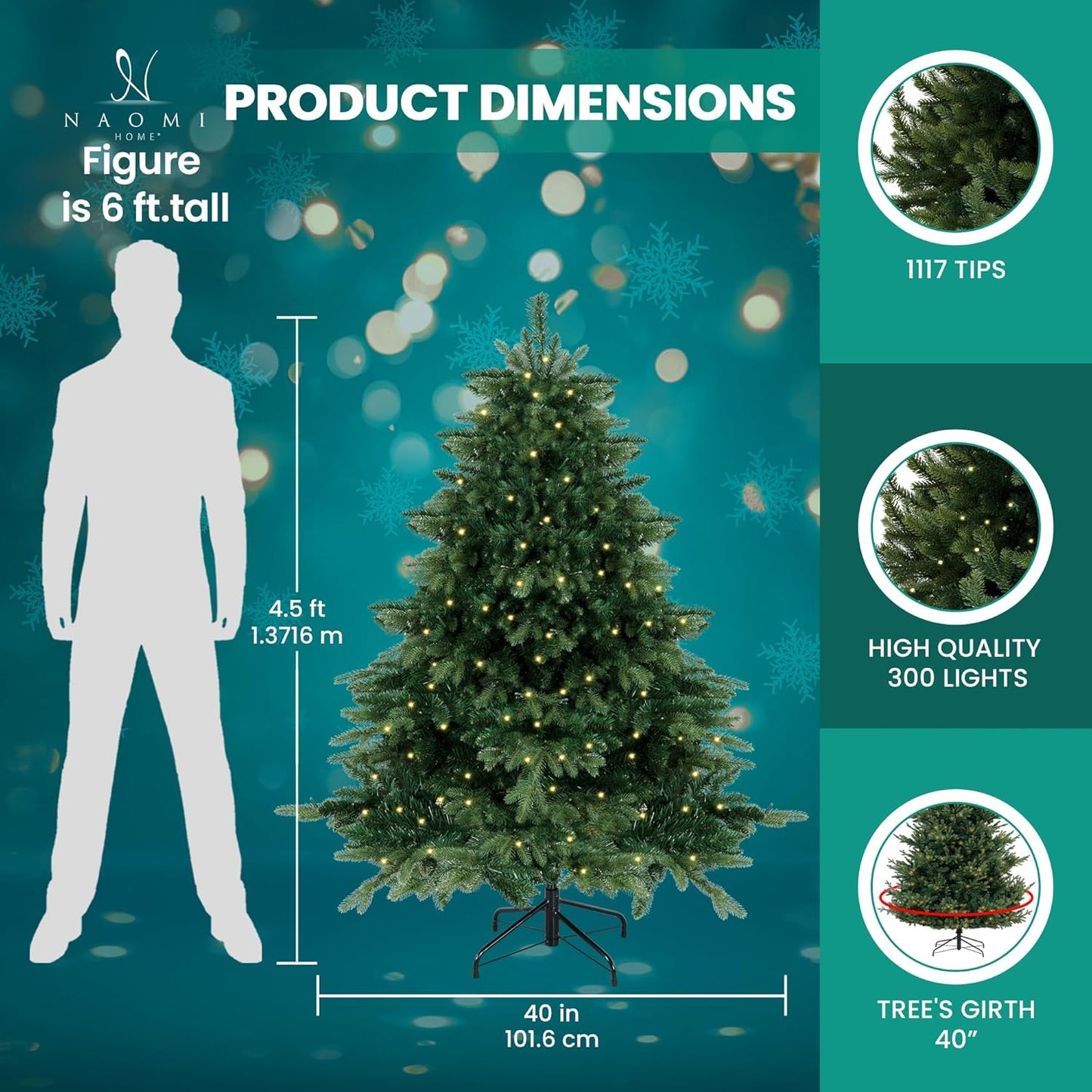 Cynthia 4.5ft Prelit Aritificial Christmas Tree with 1117 Branch Tips, 300 Warm Lights and Metal