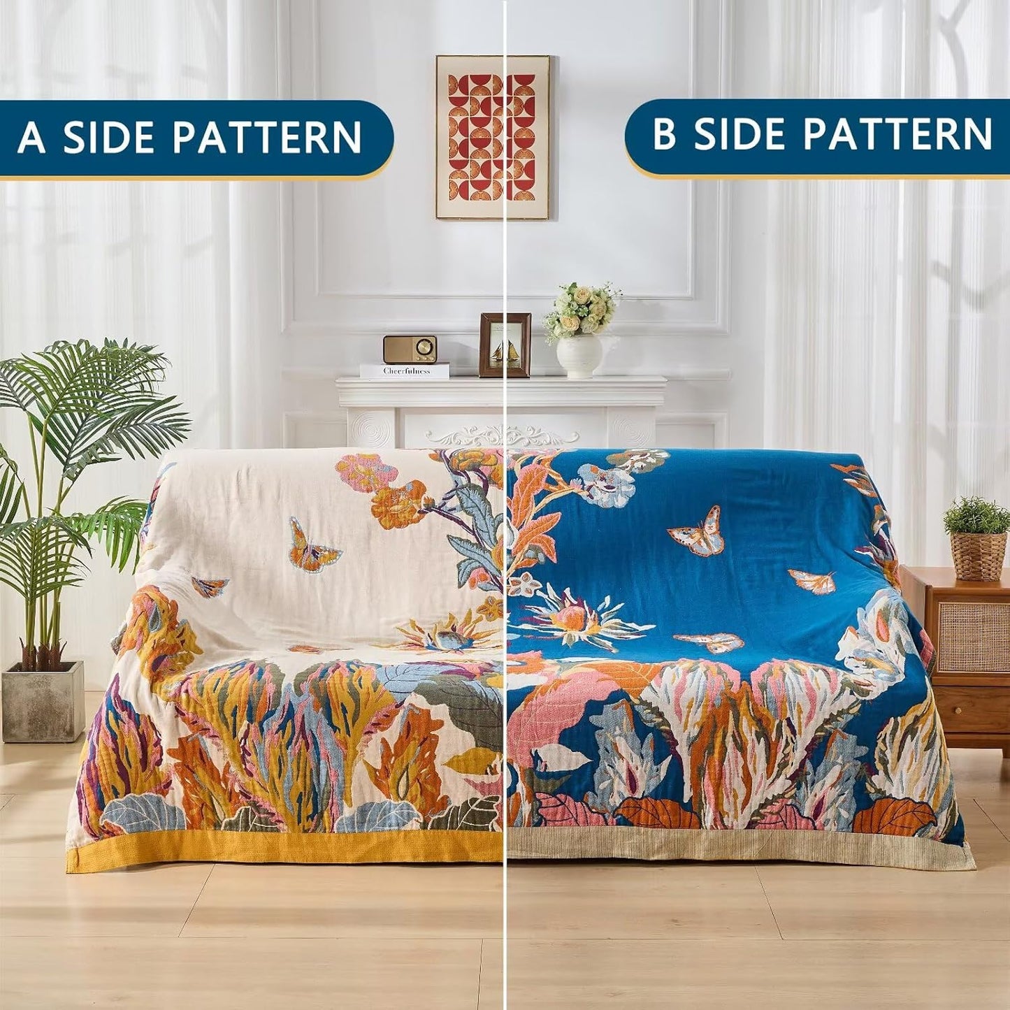 100% Muslin Throw Blanket for Couch, Butterfly and Floral Double Embroidery Summer Throw Blanket