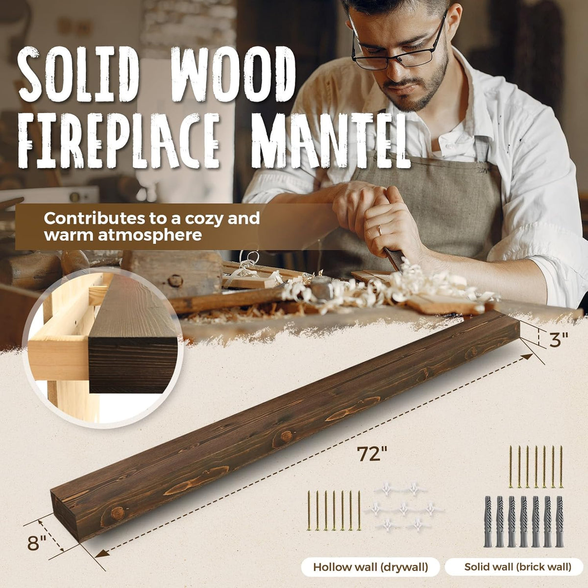 72x8x3 Fireplace Mantel - Handcrafted Hollow Rustic Solid Wood Wall Mounted Floating Shelf with
