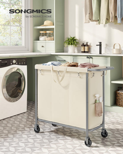 SONGMICS Laundry Basket with Wheels, 3-Section Rolling Laundry Hamper, 52.8 Gallons (200 L)