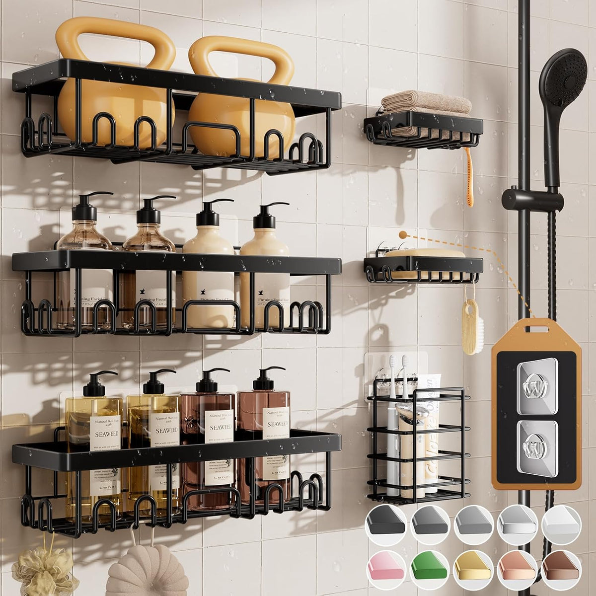 Veken Rustproof & Waterproof Shower Caddy 6-Pack, No Drilling Adhesive Shelves Rack with Soap