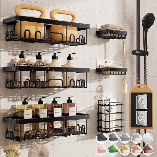 Veken Rustproof & Waterproof Shower Caddy 6-Pack, No Drilling Adhesive Shelves Rack with Soap