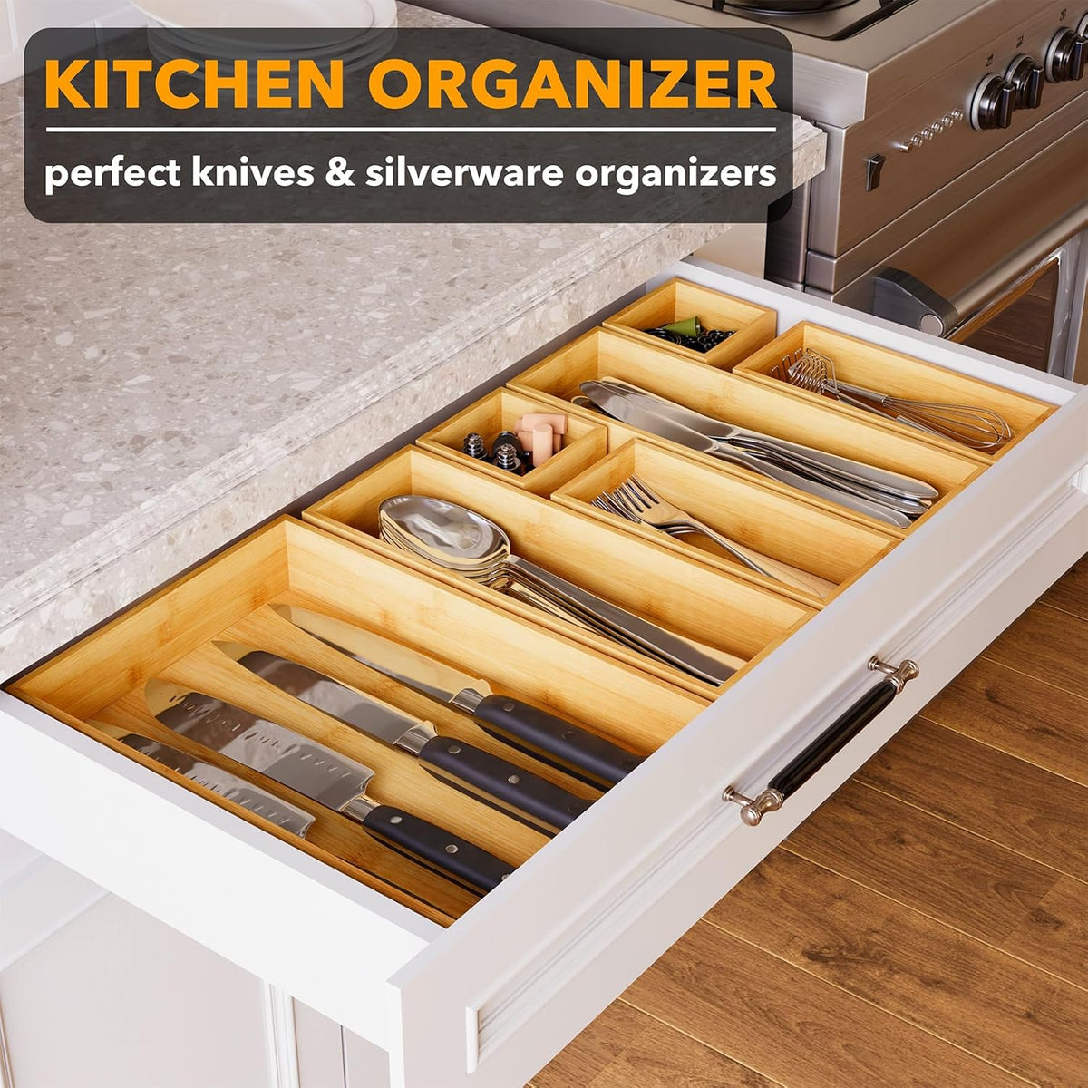 SpaceAid 7-Piece Bamboo Drawer Organizer Storage Boxes Set, Wood Tray Junk Drawer Organizers
