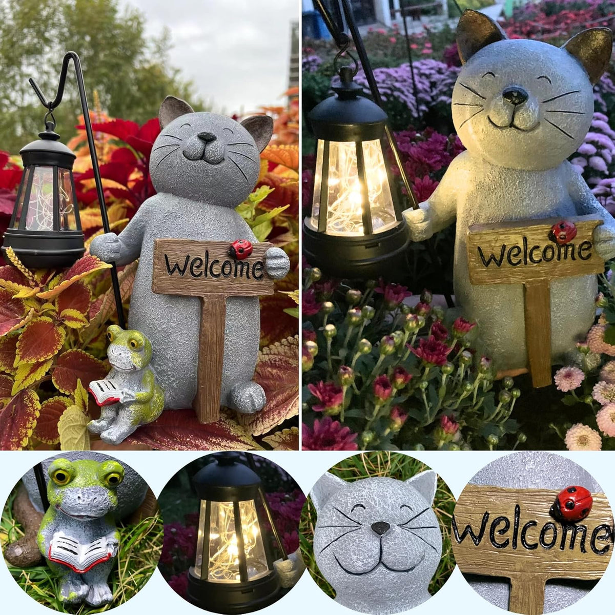 Cat Garden Statue with Solar Lantern: Cat Outdoor Figurine Decorations -Solar Garden Statue Decor