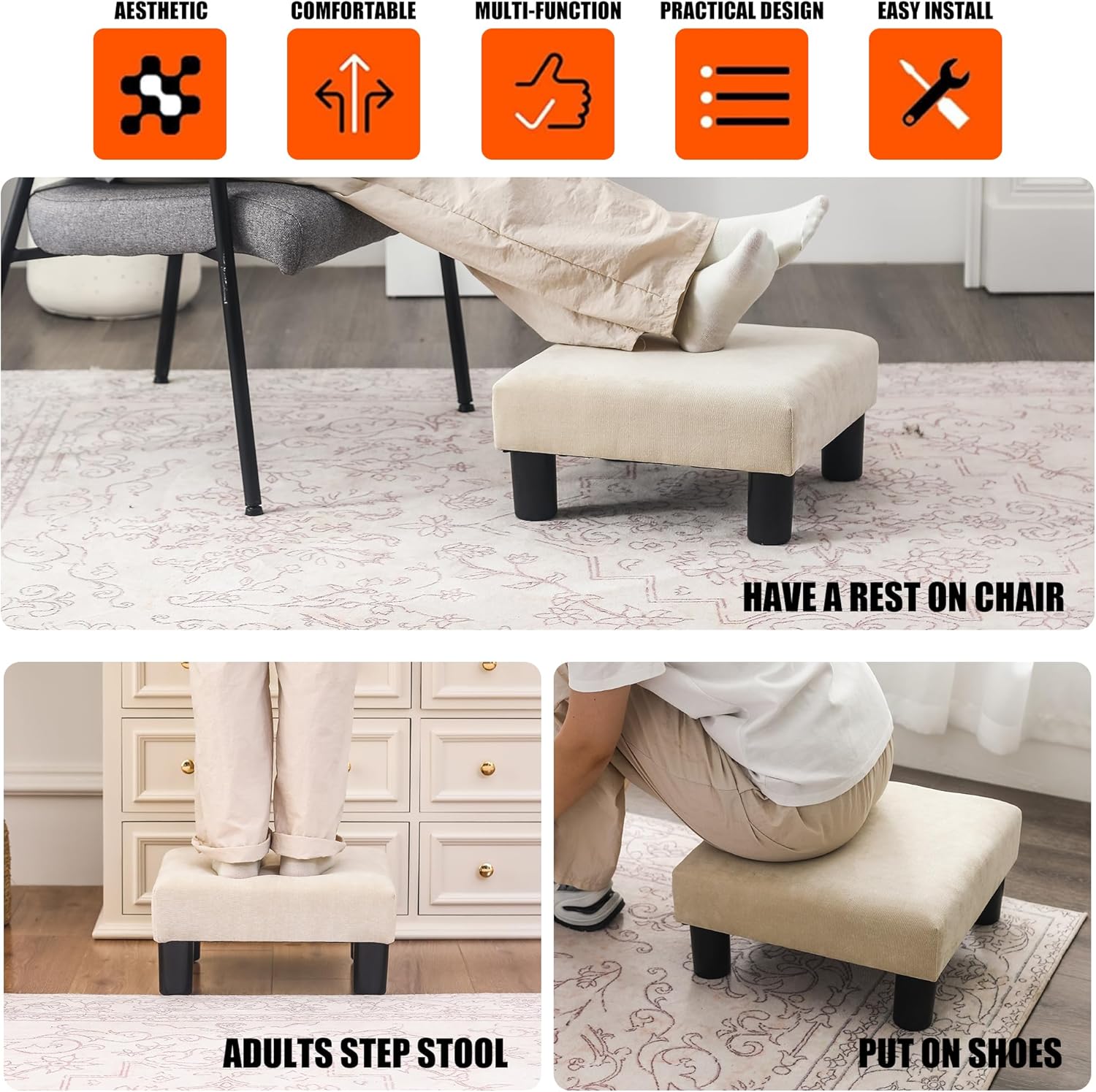 Joveco Small Foot Rest Stool Ottoman, 15" Fabric Square Footstool Upholstered Footrest for Chair