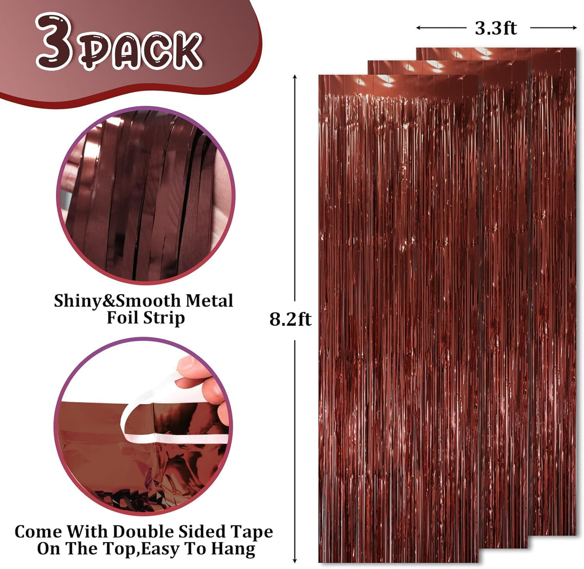3 Pack 3.3 x 8.2 ft Brown Foil Fringe Backdrop Curtains, Tinsel Streamers Party Decorations, Fringe