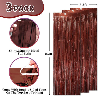 3 Pack 3.3 x 8.2 ft Brown Foil Fringe Backdrop Curtains, Tinsel Streamers Party Decorations, Fringe