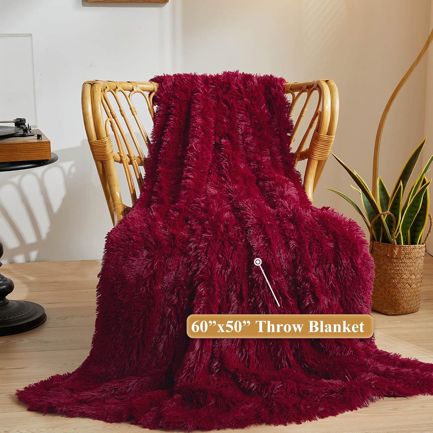 XeGe Luxury Faux Fur Throw, Red Soft 50x60 Fluffy Blanket, Shaggy Plush Decorative Couch Blanket