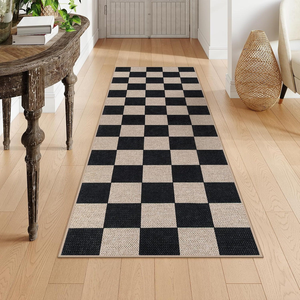 Lahome Checkered Easy Jute Runner Rug, 2x6 Kitchen Runner Rug Non Slip Washable Outdoor Carpet for