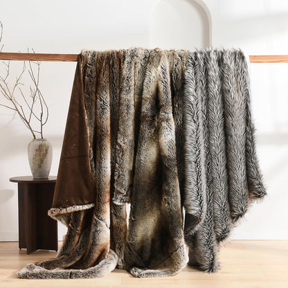 HORIMOTE HOME Luxury Plush Faux Fur Throw Blanket, Long Pile Grey with Black Tipped Blanket, Super