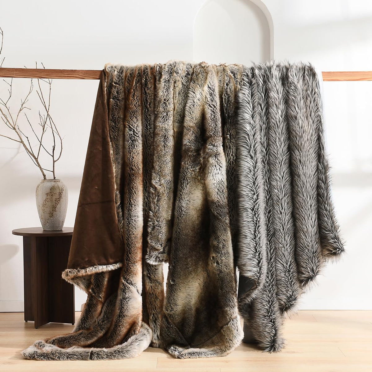 HORIMOTE HOME Luxury Plush Faux Fur Throw Blanket, Long Pile Grey with Black Tipped Blanket, Super