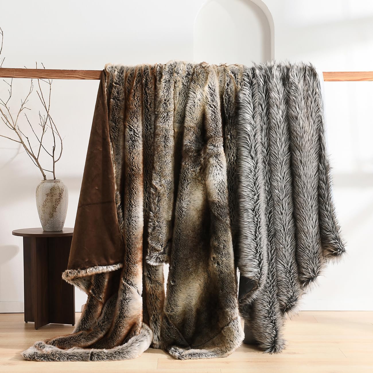 HORIMOTE HOME Luxury Plush Faux Fur Throw Blanket, Long Pile Grey with Black Tipped Blanket, Super