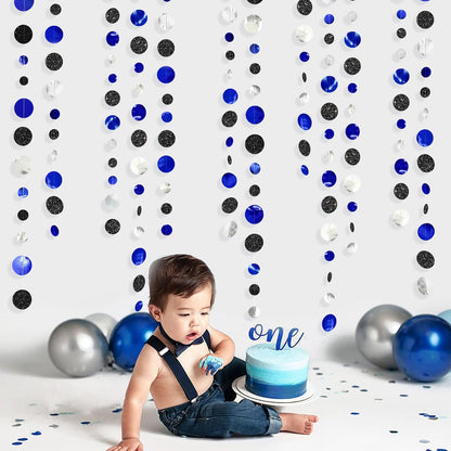 46Ft Navy Blue Black Silver Circle Dots Garland Royal Blue Black Polka Dots Streamer for Birthday