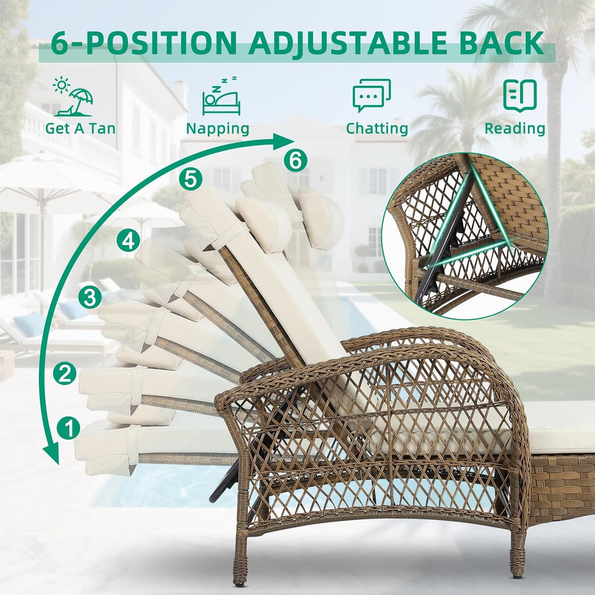VIVIJASON Outdoor Wicker Chaise Lounge Chair Set of 2, All-Weather PE Rattan Cushioned Patio