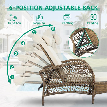 VIVIJASON 3 Pieces Outdoor Wicker Chaise Lounge Chair Set, All-Weather PE Rattan Cushioned Patio