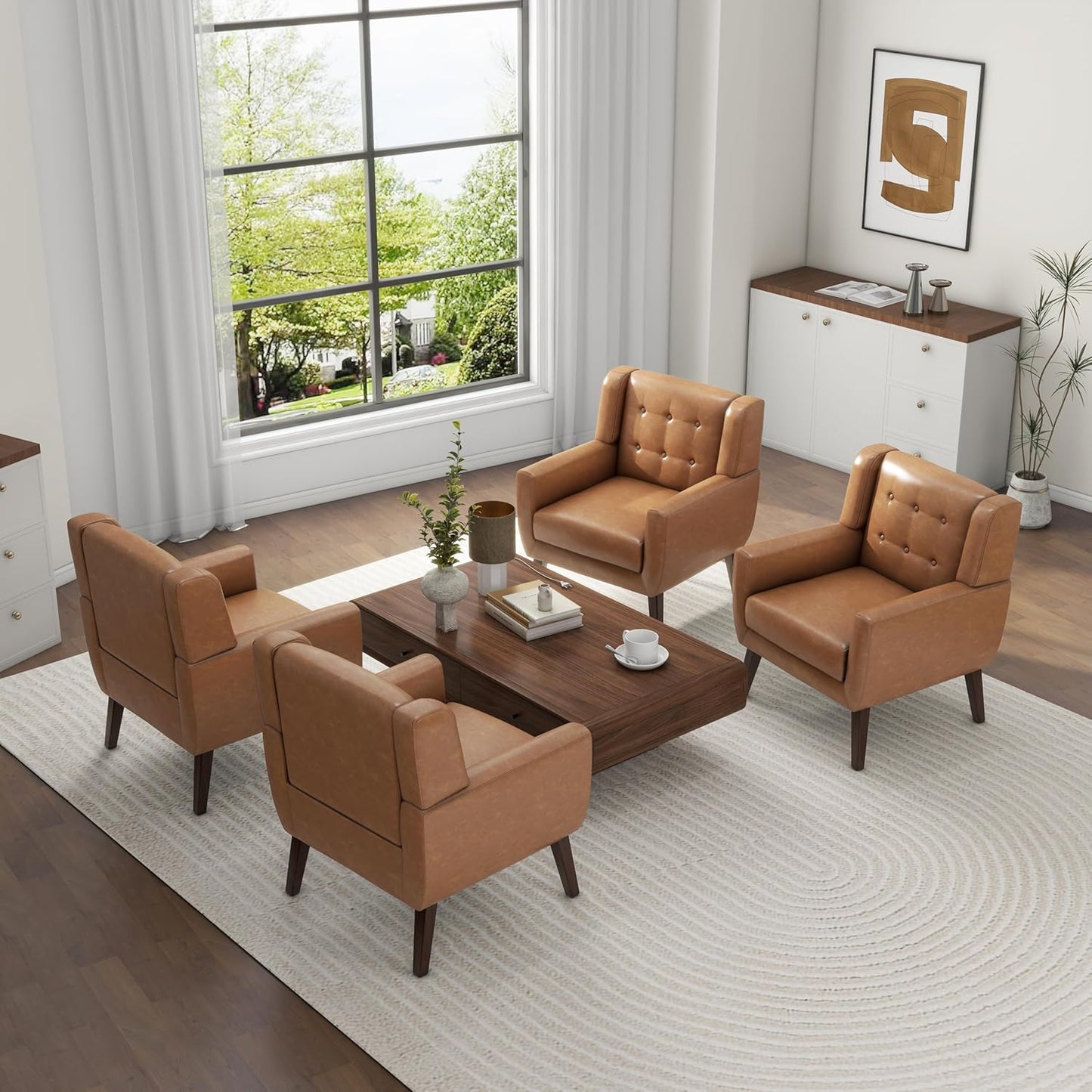 UIXE Faux Leather Accent Chairs Set of 4, Modern Arm Club Chair Upholstered Armchair for Living