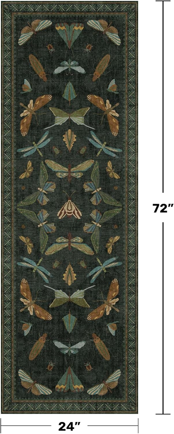 2x6 Entryway Runner Rug - Dark Green Kitchen Runners, Insect Floral Indoor Floor Décor, Washable