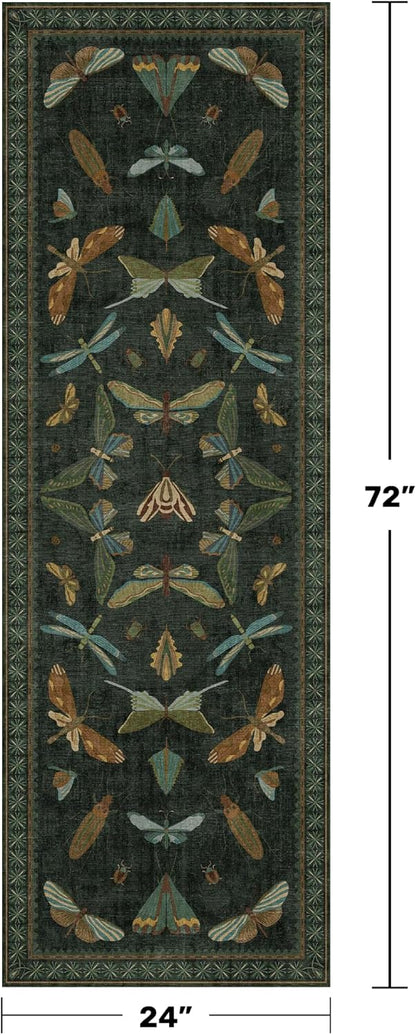 2x6 Entryway Runner Rug - Dark Green Kitchen Runners, Insect Floral Indoor Floor Décor, Washable
