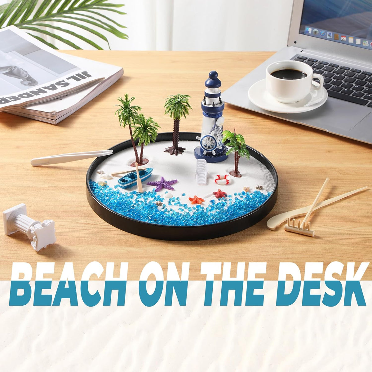 Zen Garden for Desk, Holiday Island Theme Sand Box Kit, Garden Meditation, Stress Relief Gifts