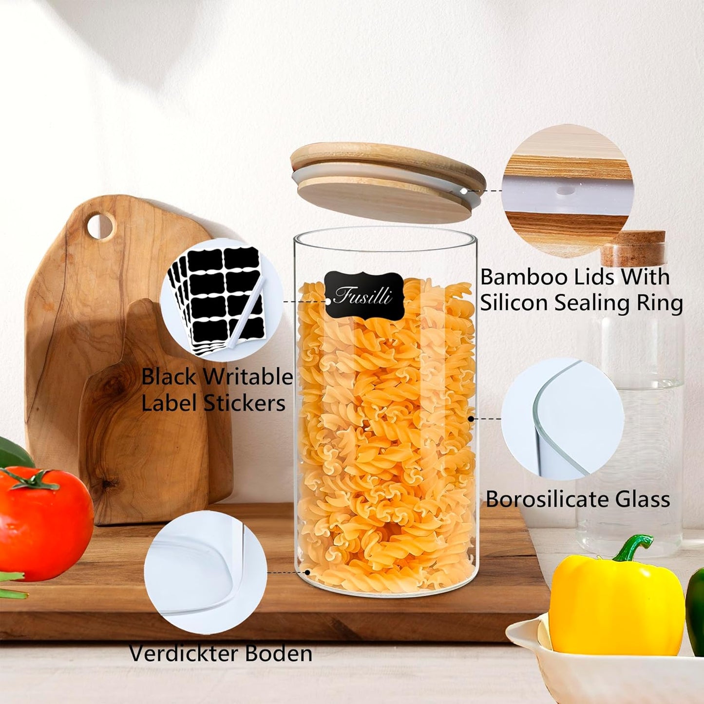 Round Glass Jars Canister with Wood Lid 40 FL OZ [Set of 3], Container Jar with Sealing, Lids for