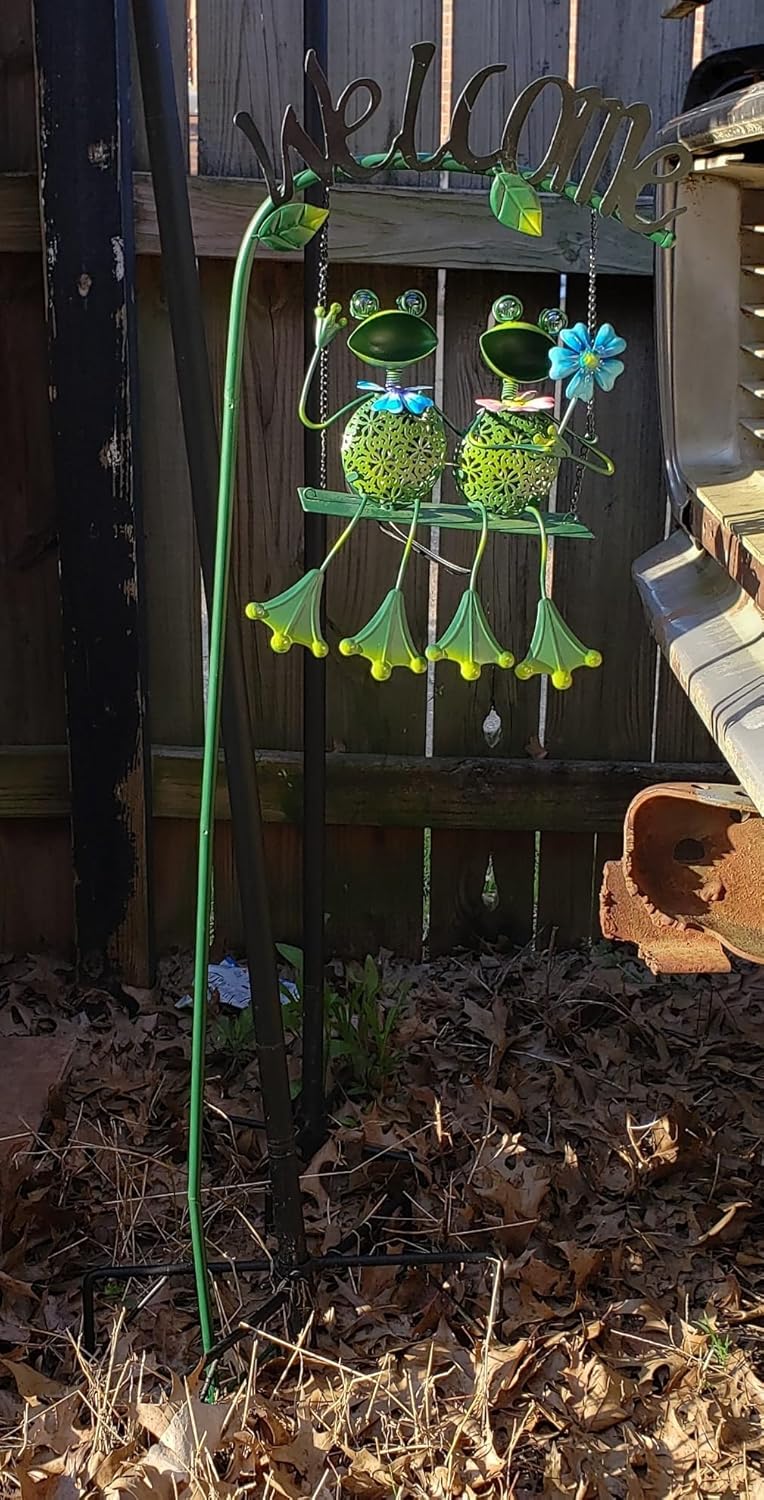 Frog Solar Light Garden Outdoor Decoration Swing Metal Stake Lamp with Welcome Sign Waterproof