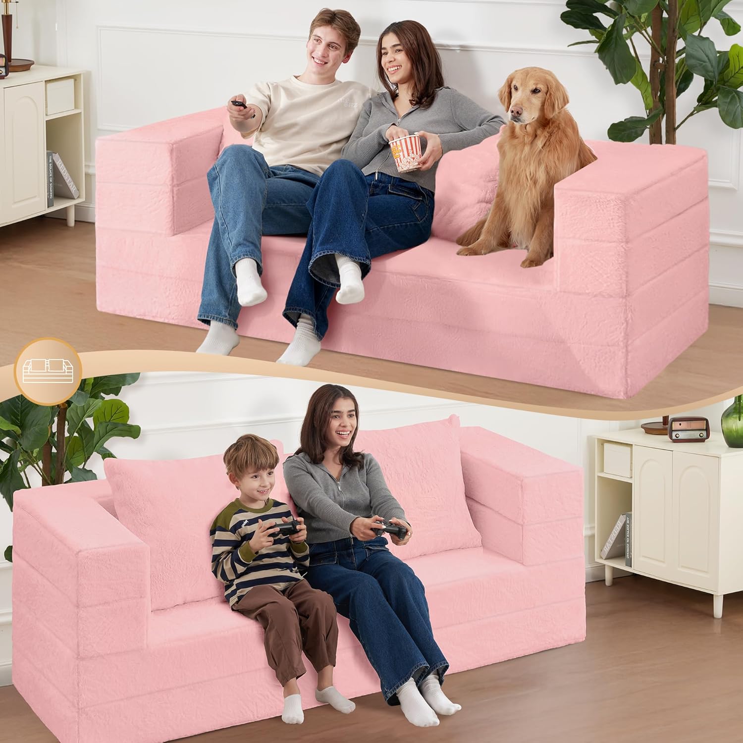 Folding Bean Bag Chair for Adults,3-in-1 Bean Bag Couch Faux Fur Floor Sofa Large Beanbag