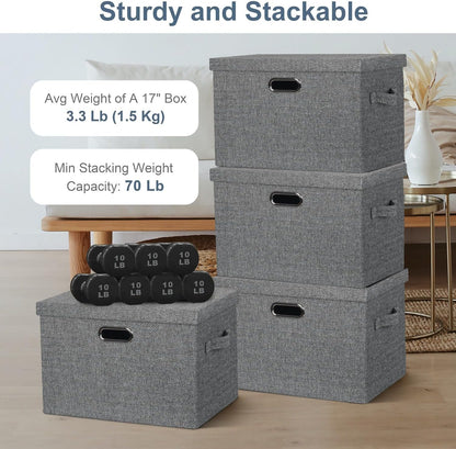 Large 17" 36 Quart Collapsible Stackable Storage Bins with Lids, 3 Packs Black and White Mix Linen