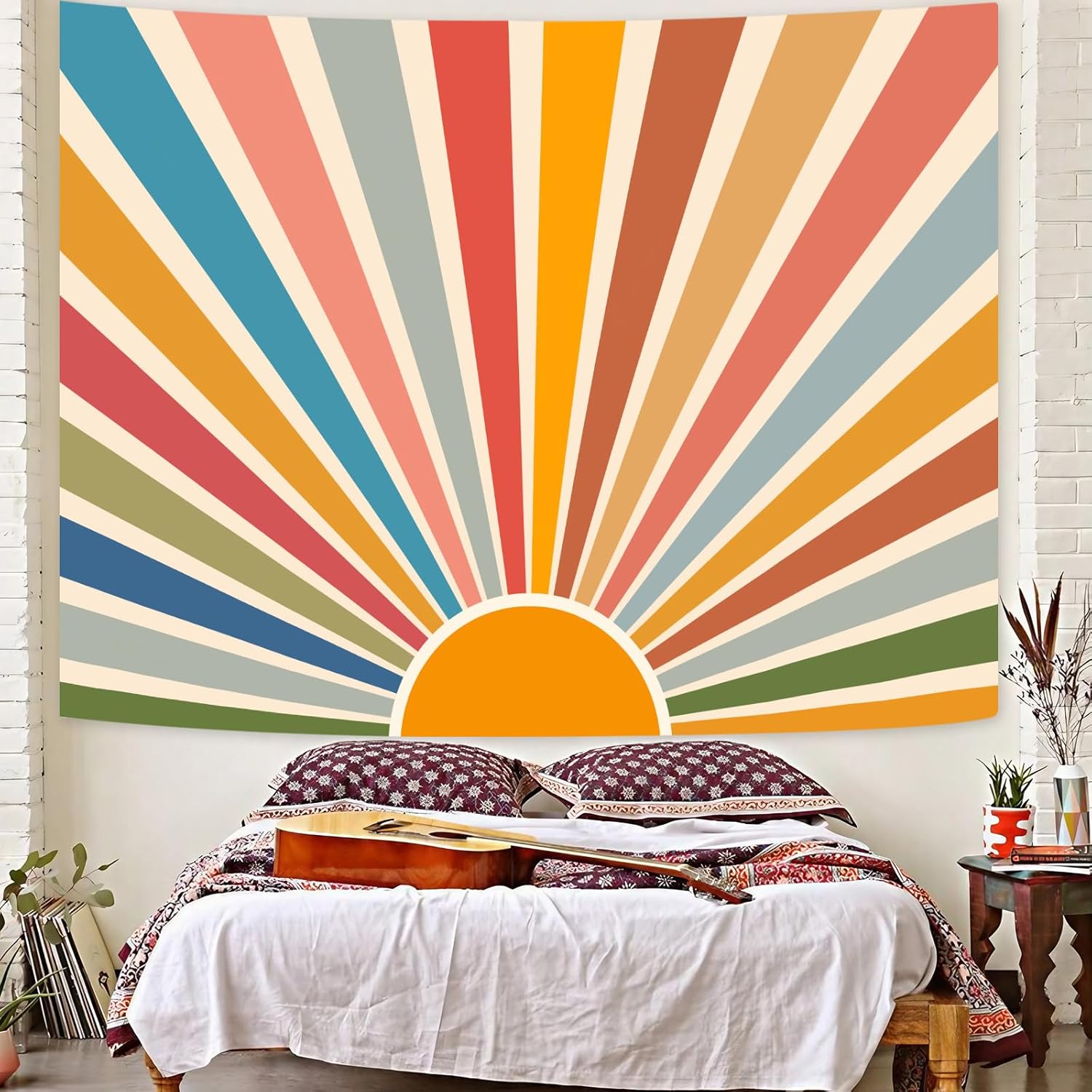 Kanuyee Boho Burning Sun Tapestry Wall Hanging, Retro 70s Abstract Vintage Geometric Rainbow