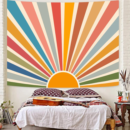 Kanuyee Boho Burning Sun Tapestry Wall Hanging, Retro 70s Abstract Vintage Geometric Rainbow