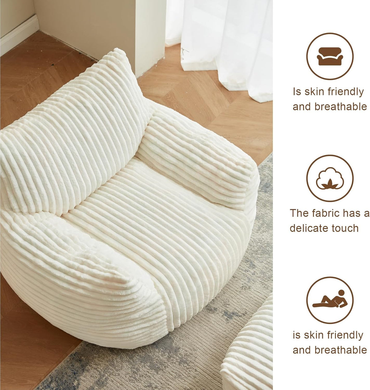 Premium Beige Bean Bag Chair for Adults with Armrest- Ultra Plush Memory Foam Lounge Sofa & Comfy