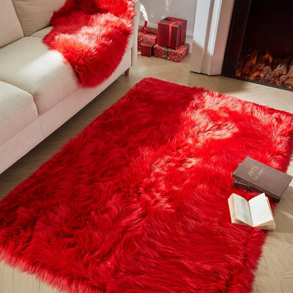 AMTOVO Faux Fur Sheepskin Rug for Living Room, 4 x 6 ft Red Fluffy Area Rug for Bedroom, Playroom
