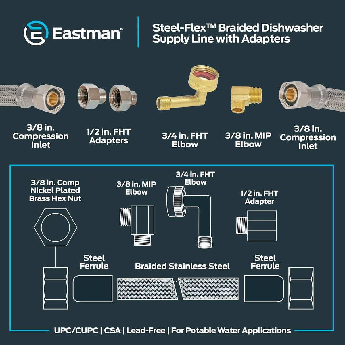 Eastman Dishwasher Installation Kit, 12 Foot Hose with Adapters, 3/8 Inch MIP x 3/4 Inch FHT