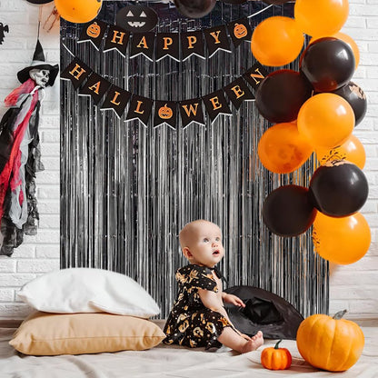 BRAVESHINE Black Halloweens Party Foil Fringe Curtains - 2 Pack Metallic Tinsel Photo Booth