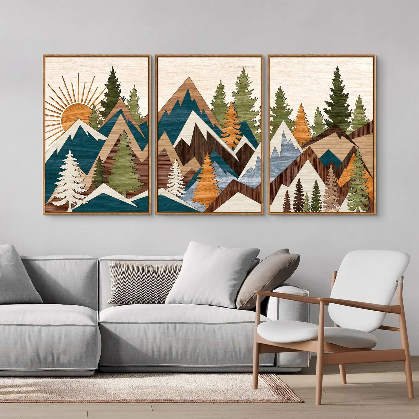 Tinonedraw Large Metal Mountain Framed Canvas Wall Art, Boho Rustic Sunrise Forest Wall Decor, 3