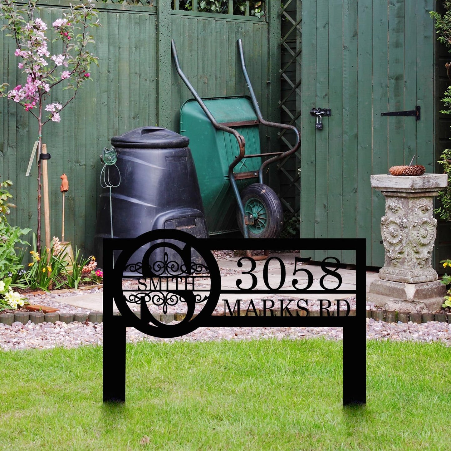 Personalized Metal Yard Address Sign with Last Name and Monogram, House Number Sign for Lawn and