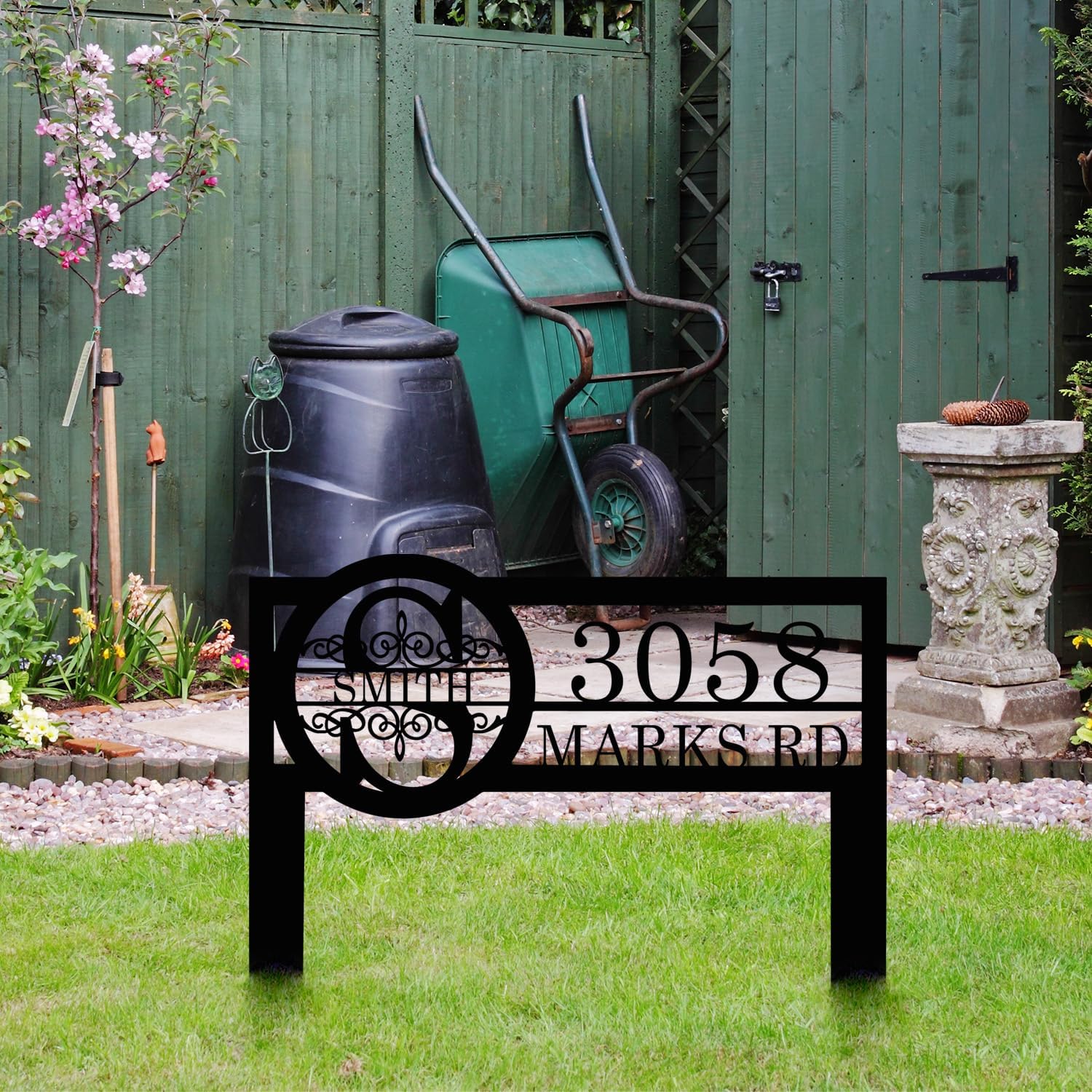 Personalized Metal Yard Address Sign with Last Name and Monogram, House Number Sign for Lawn and