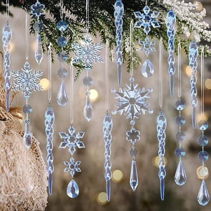 18pcs Crystal Christmas Ornaments for Christmas Tree Decorations-Blue Hanging Acrylic Snowflake and