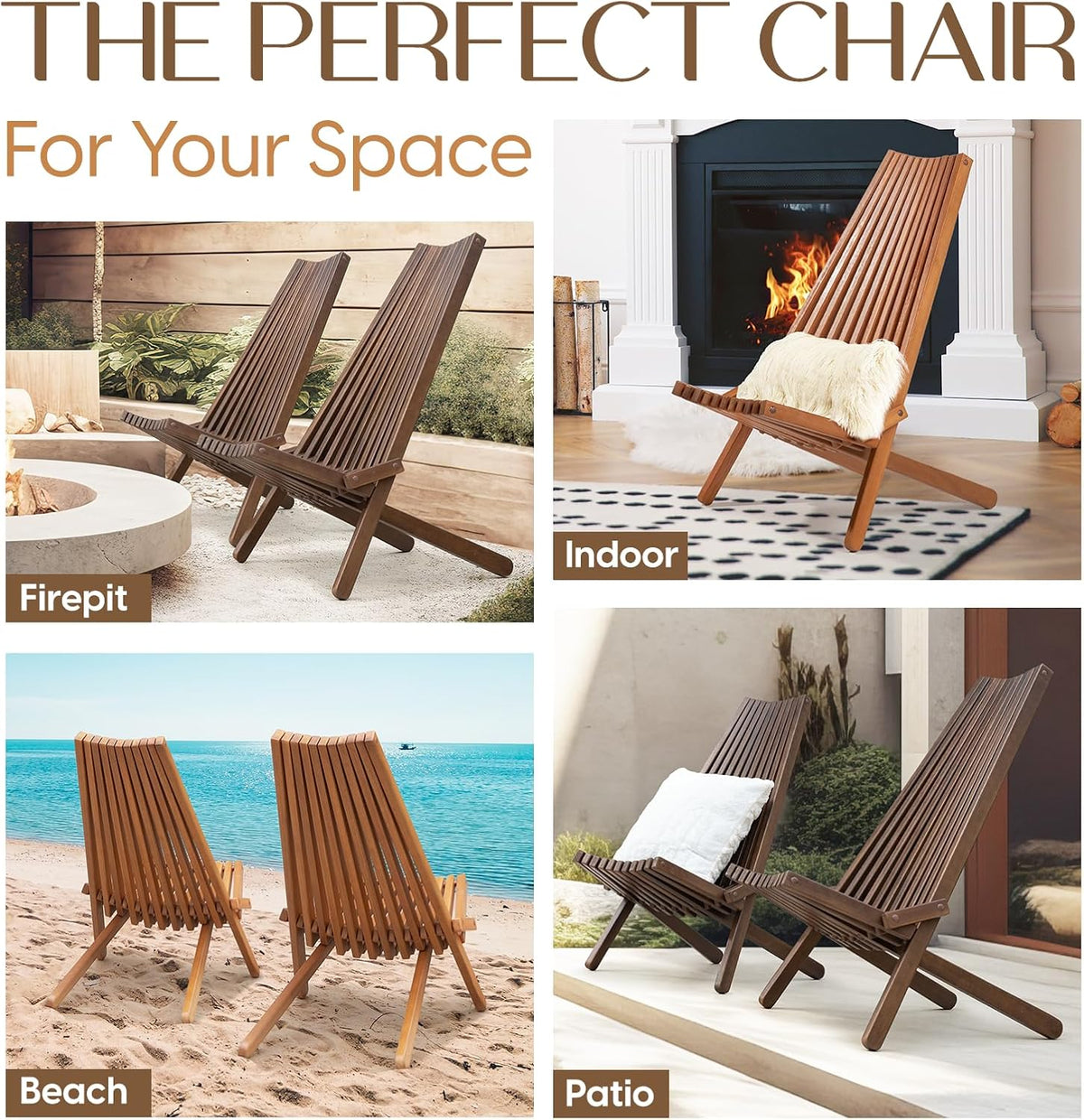 IDZO Elina FSC Eucalyptus Tamarack Chairs, 300Lbs Capacity Modern Adirondack Style, Wooden Folding