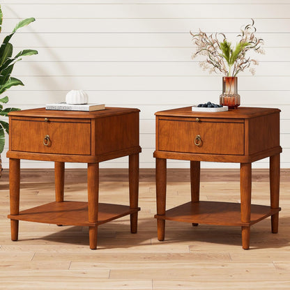 Set of 2 Solid Wood Square End Table with Drawer, 2 Tier Wooden Sofa Side Table with Sliding Shelf