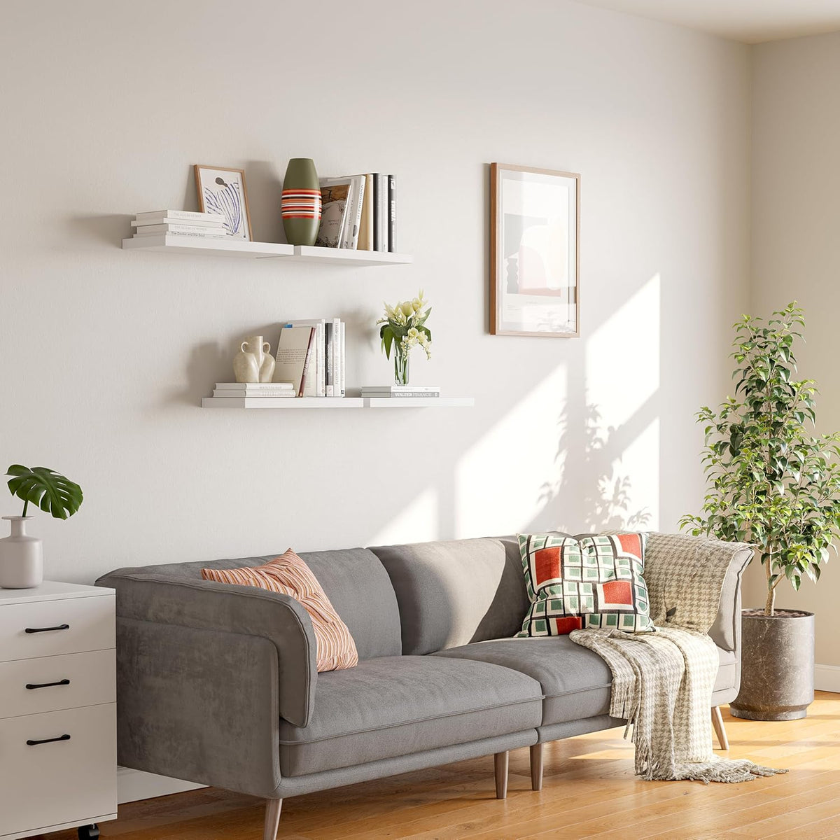 16’’White Floating Shelves for Wall Set of 4,Rustic Wood Shelf for Room Decor/Storage/Display,Small