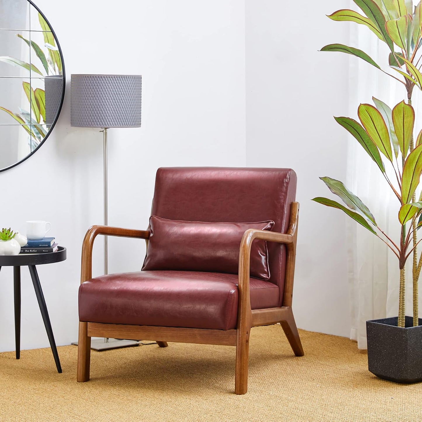 Glitzhome 30.75" H Mid Century Red Accent Armchair, Single Reading Armchair PU Leather Lounge Chair