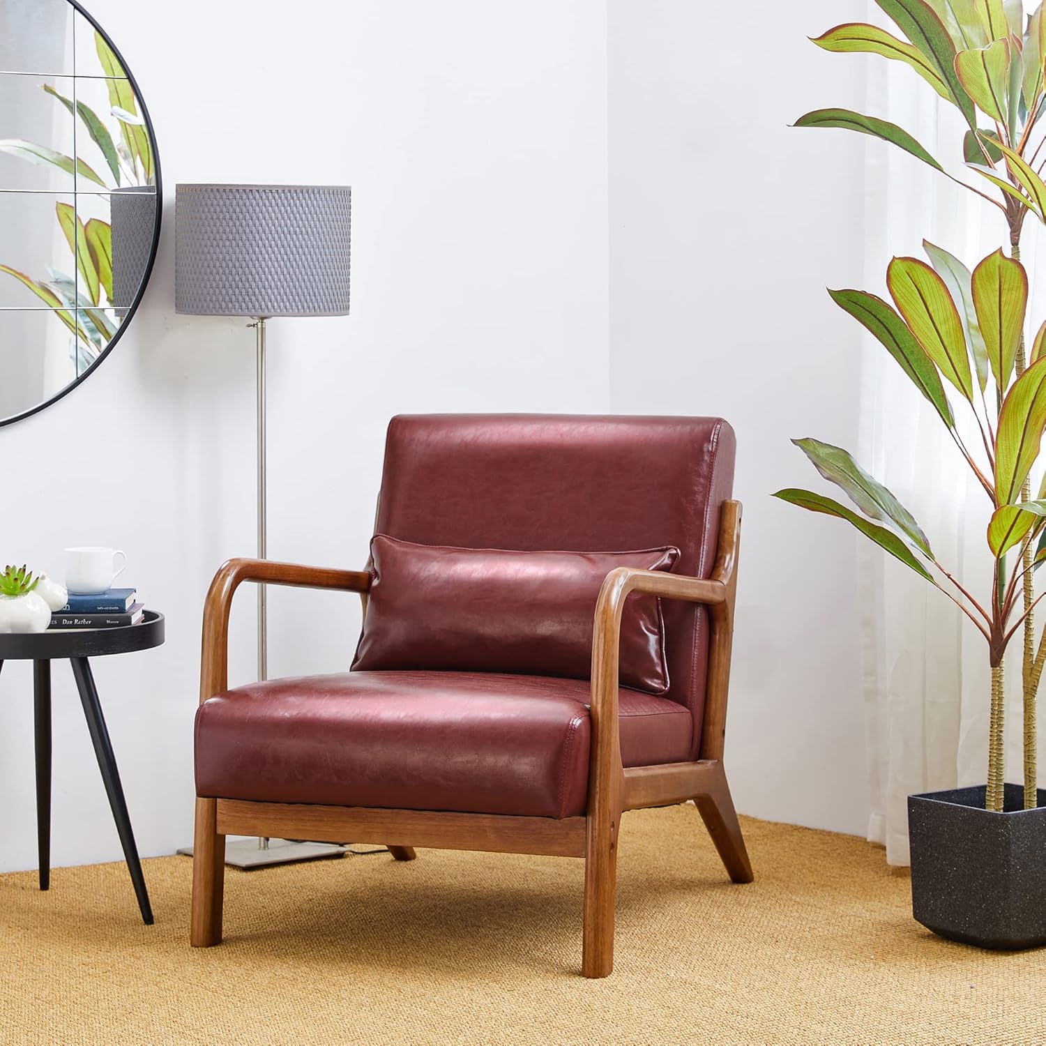 Glitzhome 30.75" H Mid Century Red Accent Armchair, Single Reading Armchair PU Leather Lounge Chair