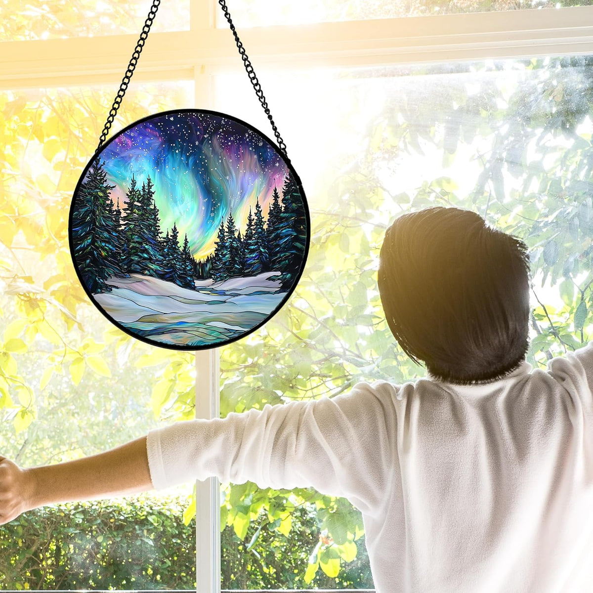 Stained Glass Window Hanging, Aurora Landscape Sun Catchers Glass Panel Green Trees Suncatcher