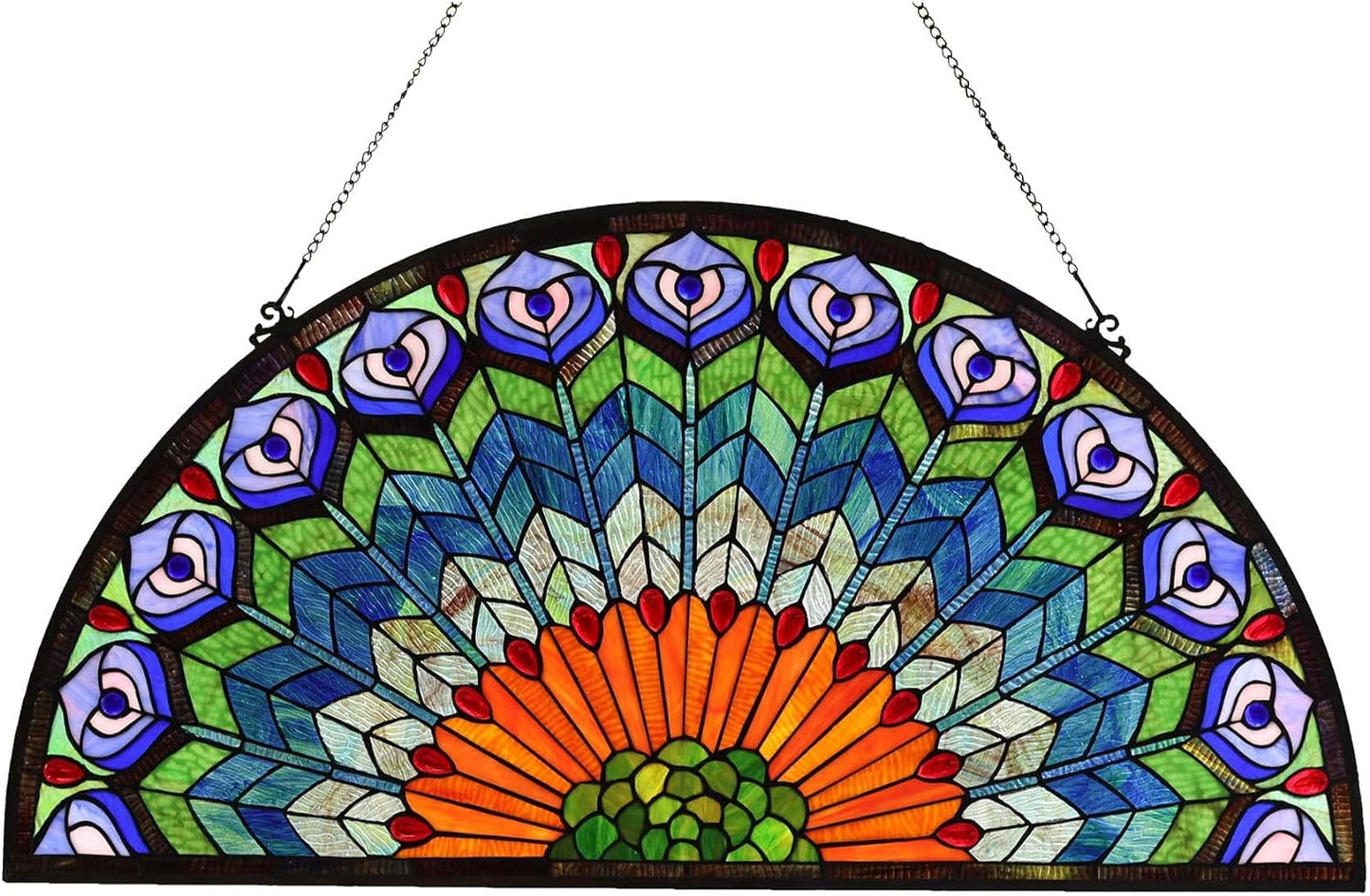 Bieye W10034 Peacock Feather Tiffany Style Stained Glass Window Panel Hangings with Chain, 36