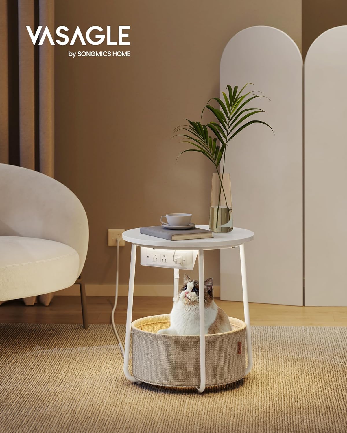 VASAGLE Side Table with Charging Station, Round End Table with Fabric Basket, LED Nightstand with