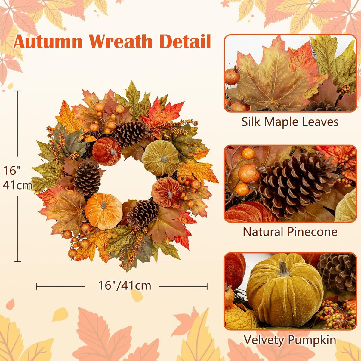 Fall Wreaths for Front Door 16'' Autumn Velvet Pumpkin Wreath with Metal Hook Harvest Maple Wreath