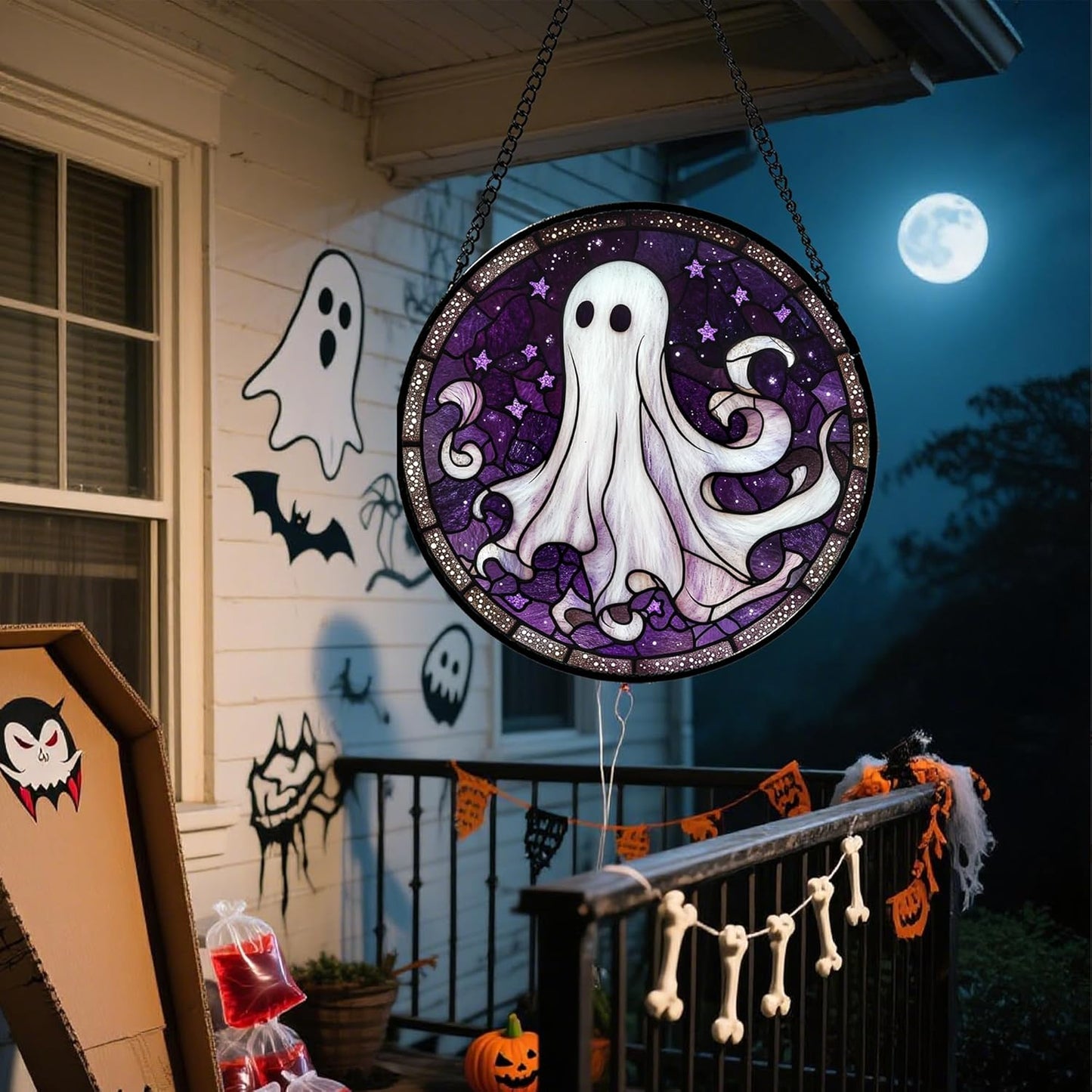 Stained Glass Window Hanging - Halloween Decorations White Ghost Purple Stars Suncatcher for Doors